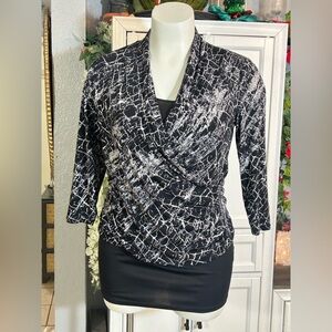 Black White Blouse XLarge Faux Wrap Stretchy Dressy Classy